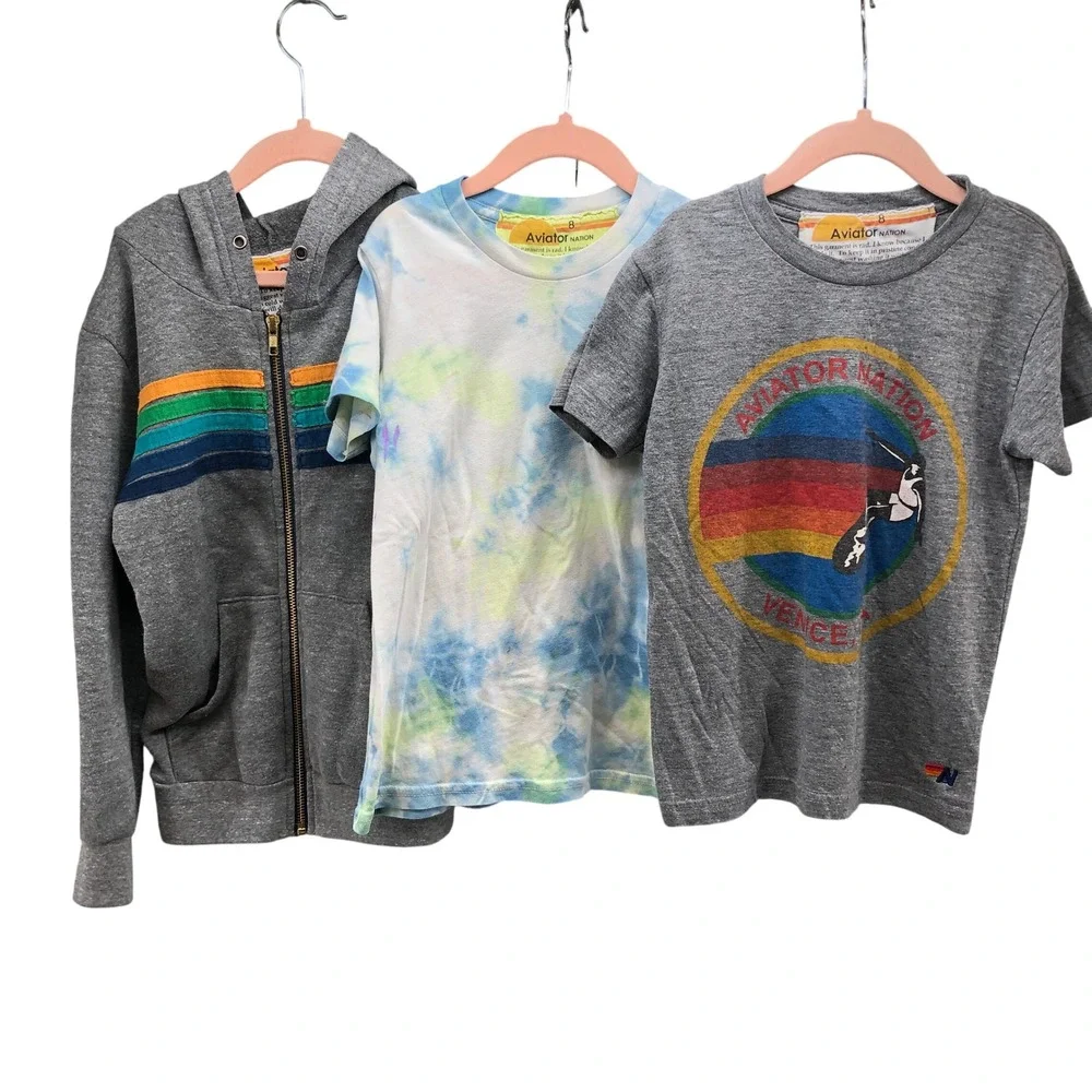 Aviator Nation‎ Bundle Hoodie & Tees Boys Size 8 Kids Gray Blue Rainbow Surf 3pc